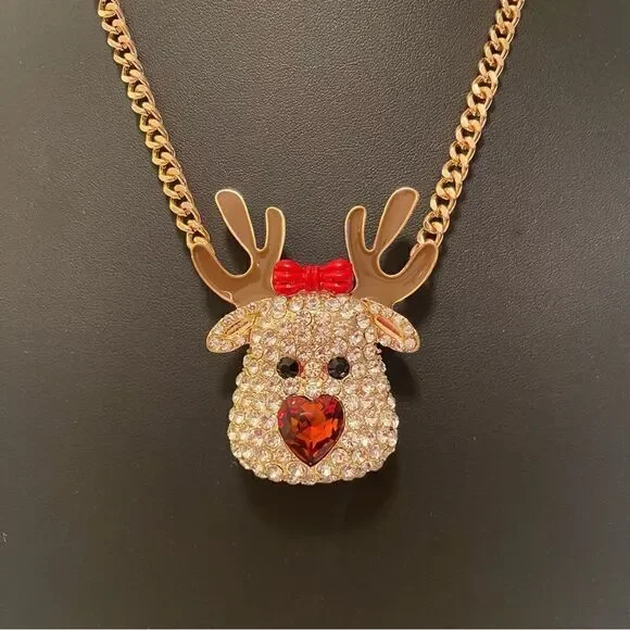 Betsey Johnson Pave Crystal Reindeer Pendant Necklace on Gold Toned Chain.